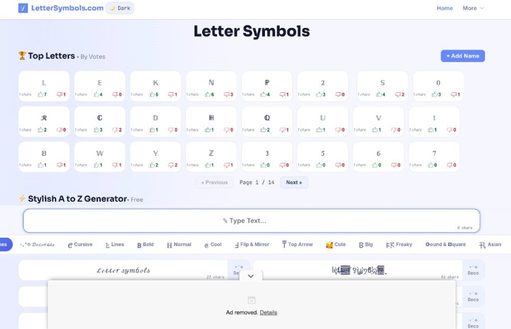 Letter Symbols website on sell with 17k monthly traffic