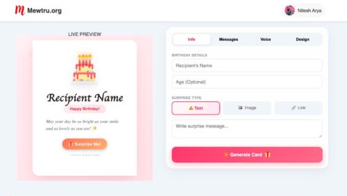 Mewtru Birthday Card Generator Website